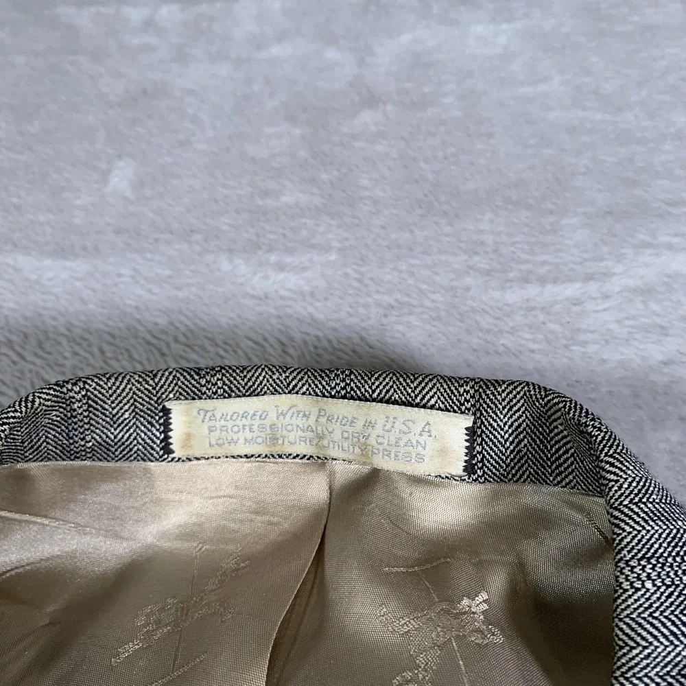 Old School Bespoke‎ Blazer Mens 43R Gray Herringbone Tailored USA 100% Linen